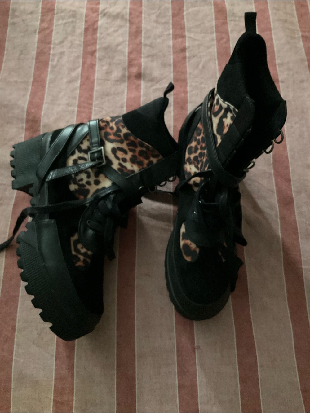 Dolls Kill Black & Leopard Platform Lace-Up Boots